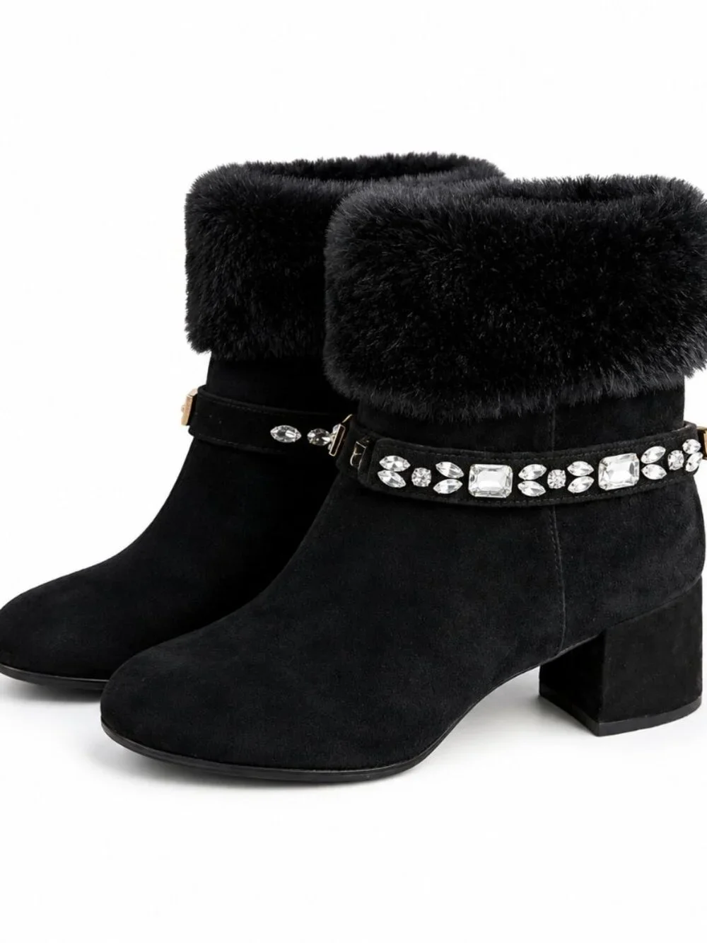 Adrienne Vittadini Lazar Black Fur Trim Ankle Boots 8.5 Block Heel Crystal